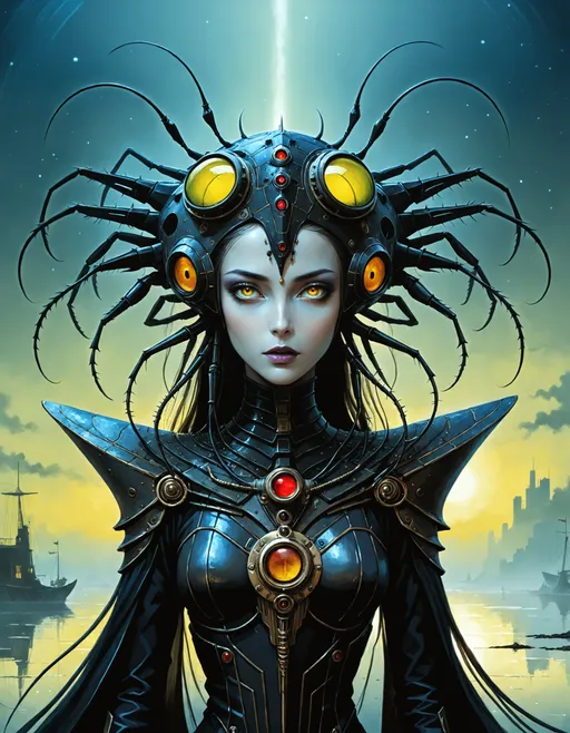 Prompt: beautiful Eldritch female Mantis mammal hybrid, feminine primate arachnid beauty, full lips, massive oversized eyes, dark reflective eyes, humanoid, bipedal, exoskeleton, ((elaborate spectacle)), ((cinematic fine art masterpiece)), ((by Chris Foss)), ((by Gerald Brom)), ((by Antonio J. Manzanedo)), ((by Brian Kesinger)), ((by John Atkinson Grimshaw)), ((breathtaking dramatic)), ((dark foreboding fantasy portrait)), ((striking)), ((otherworldly digital painting)), ((invokes an emotional response)), ((riveting)), ((captivating)).