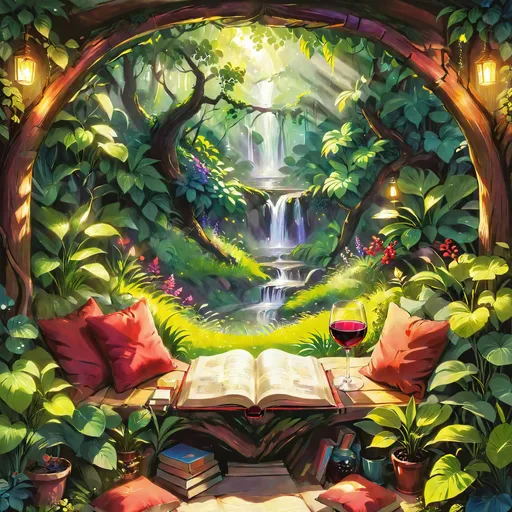 Prompt: dreamyvibes artstyle a good book and glass of red wine in the magic forest cozy reading nook.