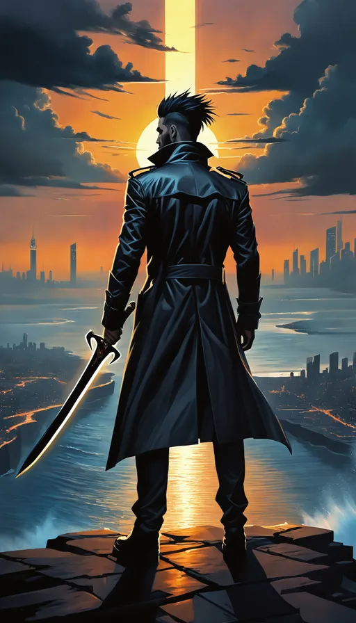 Prompt: ((realistic Dark Fantasy Noir portrait)), ((breathtaking painted surreal fantasy)), ((hyper realistic painting)), good looking live action anime character holding a sword, male, natural, genuine, otherworldly, ethereal plane, epic cityscape, standing looking off into the distance, sunset, ocean view, wearing trench coat, crazy long mohawk.