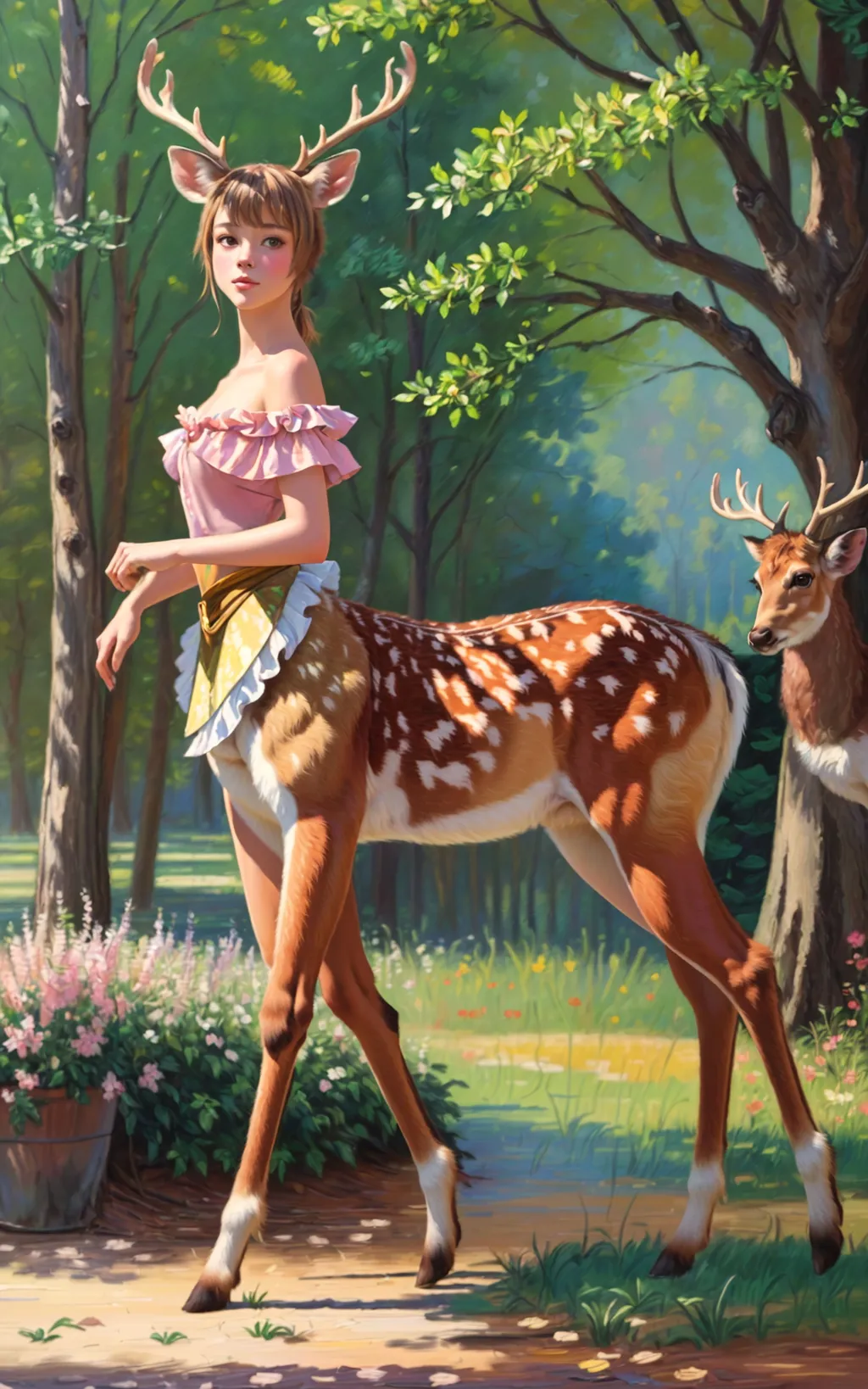 Prompt: ((high-quality)), ((highly-detailed)), ((semi-realistic painterly color, stroke and texture impressionism oil painting)) character concept art (full-body central composition), ((extremely beautiful delicate girly deer girl, Doe)), naturalist half-animal Centaurides centaur.