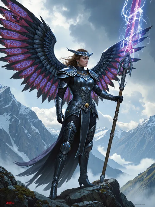Prompt: breathtaking, female character, dark and gritty, glossy poster art, battle hardened technological tactician armor augmentation with ancient Norse craftsmanship, intricate knotwork, advanced metallurgy with energy conduits, Wings manifest as fractalized electromagnetic fields, Her face combines stern beauty with subtle avian features, striking eyes, she stands in a strategic stance atop a peak with stormclouds swirling around her body, holding a plasma energy spear with ancient wood shaft, glossy digital rendering, vivid colors, high contrast.