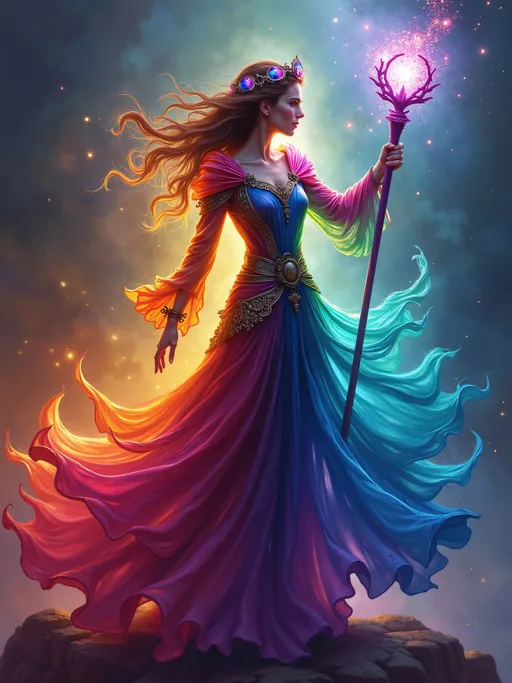 Prompt: breathtaking, vivid dark fantasy, masterpiece, oil painting, 4k wallpaper, female wild mage, holding a colorful glowing staff of power, flow hologram mage robe, casting an epic double rainbow spell, shimmering with color.