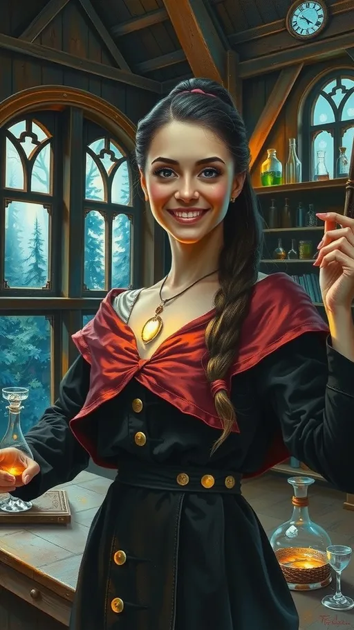 Prompt: dark fantasy oil painting, painted portrait of striking actress, distinct looks, unique, holding a powerful magic wand, glowing with energy, sorceress apprentice in a mage tower with an elevated forest view out the window, mischievous smile, enchanting, magical robes, mage workshop, hard wood floors, alchemy glass apparatus, magic experiments, dramatic goth aesthetic.