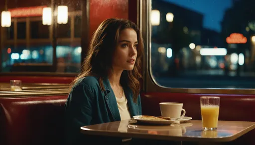 Prompt: breathtaking remastered high resolution screencap 4k HD 1080p movie still, 2010's cinematic movie photo portrait, most beautiful actress, female college student, cinematic quality, cinema color grading, Romantic Comedy, sitting alone in a restaurant booth, late night diner, eating pancakes, view of the night street through the window behind her, table for one.