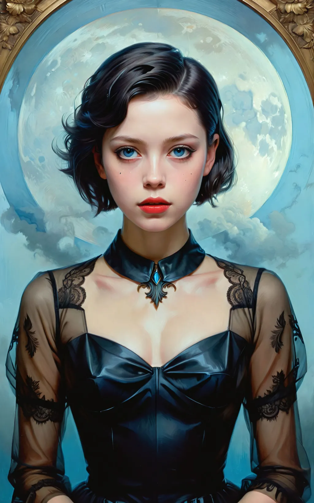 Prompt: Beautiful timid girlfriend Mia Goth crossed with Ava Max, brooding uneasy emotional, attractive, romanticism contemporary expressionism oil painting by Tom Bagshaw, by Aleksi Briclot, by Guillermo del Toro, by Antonio J. Manzanedo, by Peter Mohrbacher, by John Atkinson Grimshaw, photorealistic, breathtaking full-body masterpiece, black eyeliner, Smokey Eyeliner, awkward, reserved, demure, (girly tomboy out of her element), bright blue eyes, short pixie-cut haircut, Beautiful Macabre.