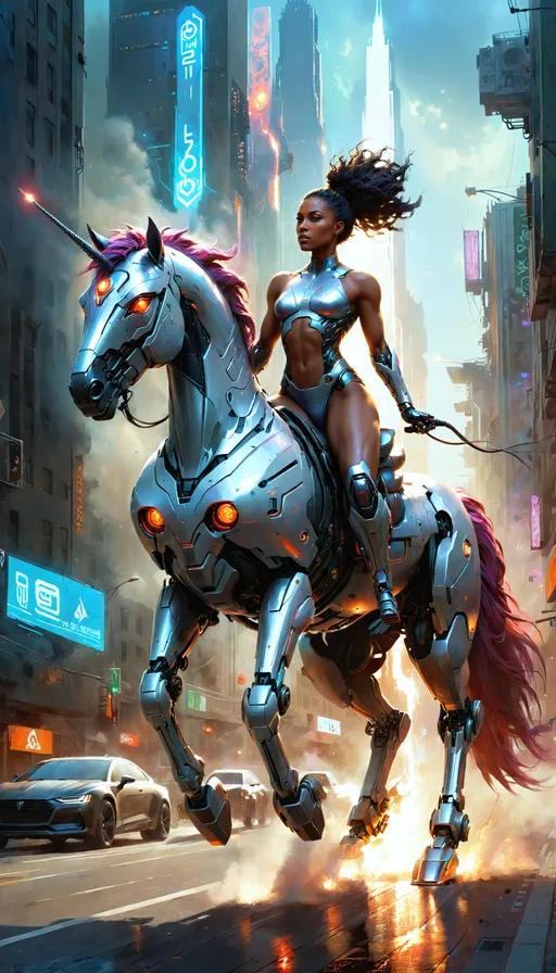 Prompt: Beautiful realistic breathtaking masterpiece Digital Painting of attractive female African American equestrian bodybuilder ((riding a cybernetic robot unicorn horse)) down the city street, full body character concept art by Zdzislaw Beksinski, by Wayne Barlowe, by Dariusz Zawadzki, by Aleksi Briclot, by Antonio J. Manzanedo, by Peter Mohrbacher, by Jeremy Mann, falling cinders and ash, hellfire, static electricity, cyberpunk, machine city, afro puff, toned body.