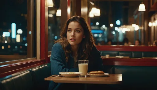 Prompt: breathtaking remastered high resolution screencap 4k HD 1080p movie still, 2010's cinematic movie photo portrait, most beautiful actress, female college student, cinematic quality, cinema color grading, Romantic Comedy, sitting alone in a restaurant booth, late night, eating pancakes, view of the night street through the window behind her.