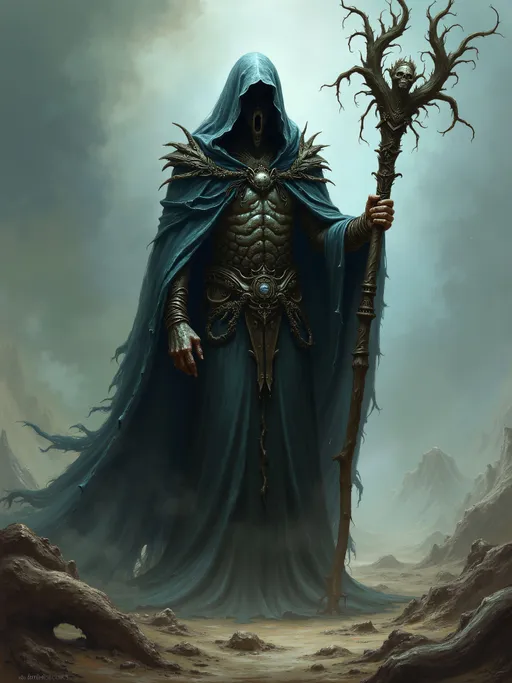 Prompt: dark fantasy painting, Dungeons & Dragons character, lich necromancer, Szass Tam on a war torn battle field, holding a gnarly staff, ((long flowing necromancer robe)), pale skin, undead.