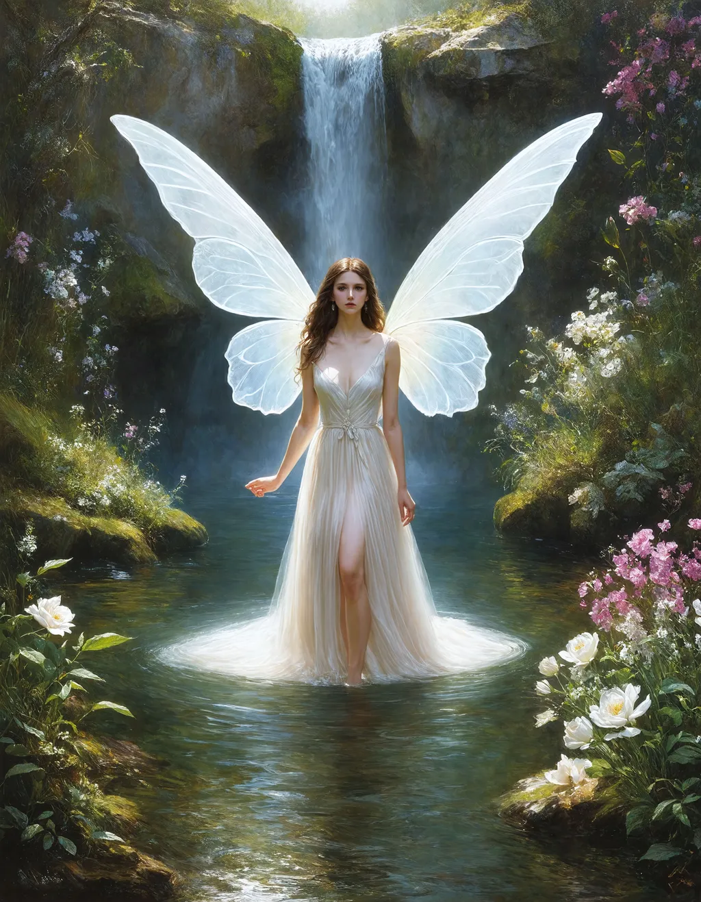 Prompt: 1girl, beautiful Fairy, wearing a dress, knee deep in water, (translucent fairy wings), (epic wings), ((full body)), extremely attractive, invokes an emotional response, captivating, riveting, ((by Alexander Averin)), ((by Tom Bagshaw)), ((by John Anster Fitzgerald)), ((by H. R. Giger)), ((by Josephine Wall)), ((by Zdzislaw Beksinski)), ((by John Atkinson Grimshaw)), realistic character concept art, flowers, waterfall, idyllic scene.