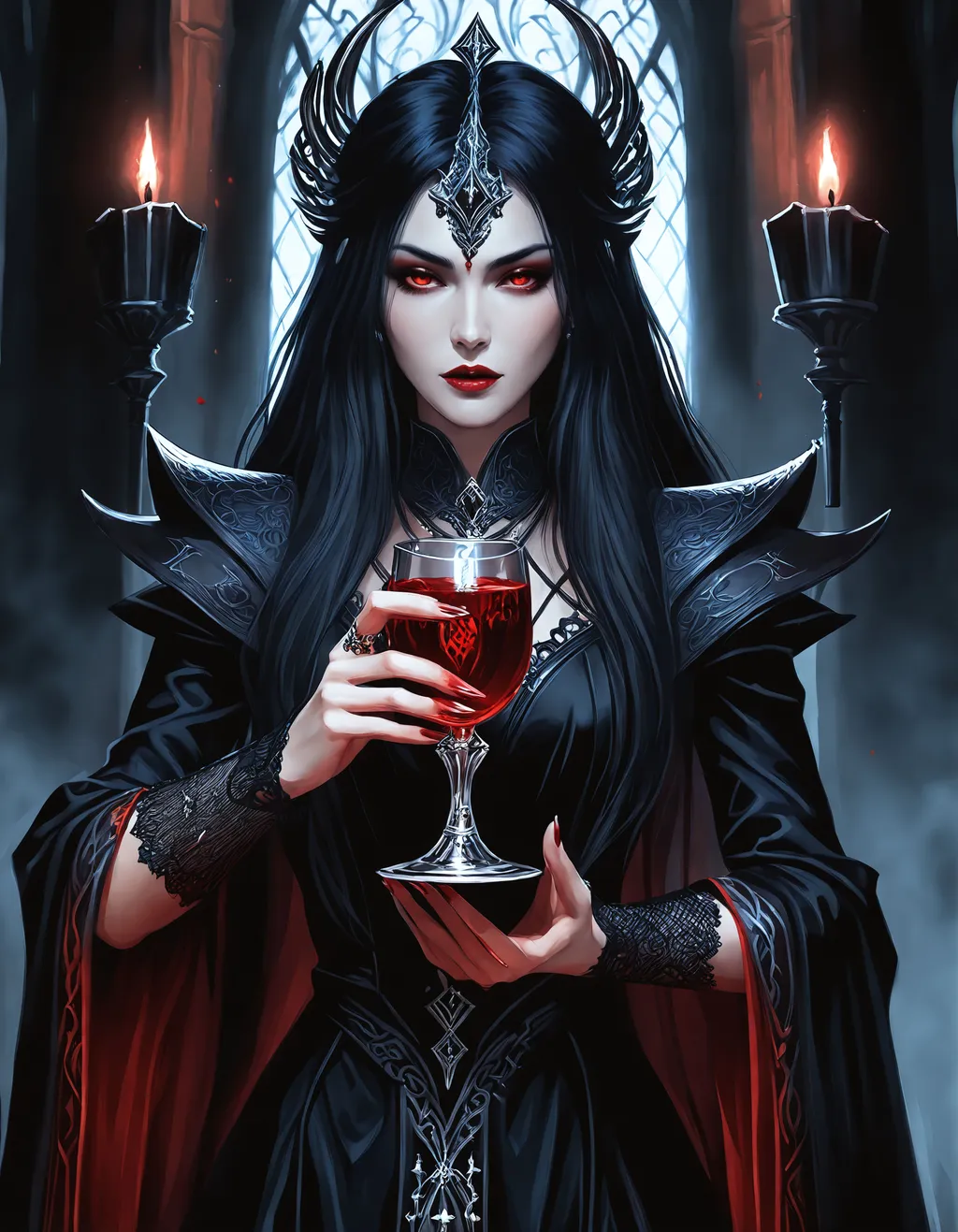 Prompt: Chthonic sorceress holding a goblet of blood, Stygian, Phantasmagoric, Sepulchral, Cimmerian, ((breathtaking)), ((striking)), ((realistic character)), ((stylized digital painting)), ((fantasy)), ((invokes an emotional response)), ((realistic artwork)), ((riveting)), ((captivating)), ((attractive)) (elegant), black velvet, lace accents, occult, female cult leader.