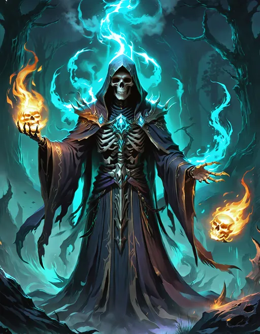 Prompt: sick character concept art, Lich necromancer and skeleton summons