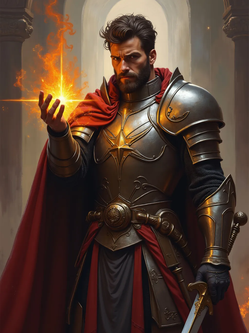 Prompt: breathtaking, dark fantasy, masterpiece, oil painting, 4k wallpaper, Dungeons and Dragons character, male Paladin, shiny armor, holy avenger sword, casting laying on hands, glowing outstretched hand.