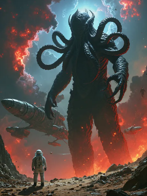 Prompt: cosmic horror deity, towering tentacled entity, lone astronaut, damaged space station, distant nebula, crimson gas clouds, otherworldly glow, floating debris, stark contrast, photorealistic, ominous, deep space, hyper-detailed