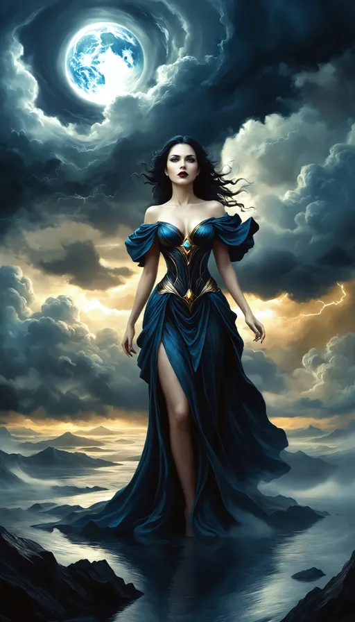 Prompt: fantasy portrait, full body character concept art, beautiful romanticism painting, breathtaking, evocative, dark magic, celestial, luscious lips, on the surface of the planet Venus, Miasma storm, thick acidic clouds.