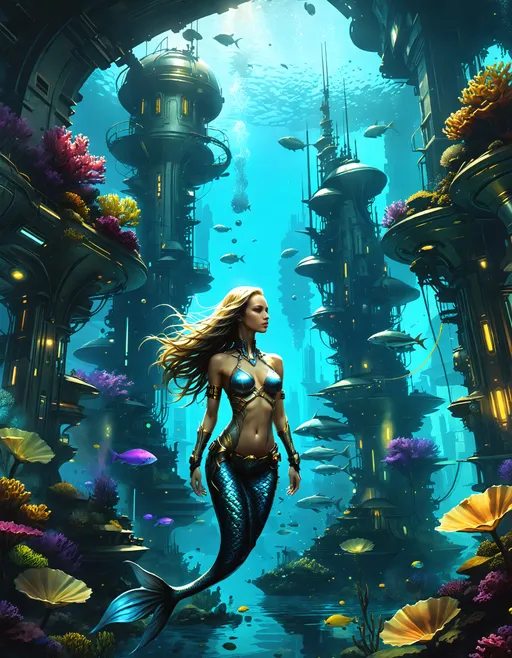 Prompt: Beautiful fresh underwater (cybernetic female cyber Mermaid swimming underwater), (beautiful Mermaid fin), breathtaking underwater masterpiece, interdimensional eldritch being, by Aleksi Briclot, by Antonio J. Manzanedo, by Peter Mohrbacher, by Jeremy Mann, (underwater cyberpunk), (underwater steampunk), (underwater dieselpunk), long dramatic flowing hair, underwater ((underwater Machine city)), ((dark underwater city glowing with lights and technology)), ((city on the ocean floor)), ((sea floor skyscrapers)), city of Atlantis, ((sandy sea bed)), inside fish tank, bubbles.