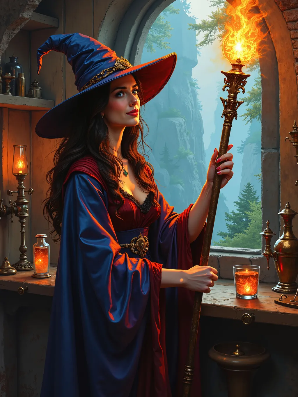 Prompt: dark fantasy oil painting, painted portrait of striking actress, holding a powerful glowing staff of power, glowing with magical energy, sorceress apprentice in a mage tower with an elevated forest view out the window, mischievous smile, enchanting, magical robes, mage's workshop, alchemy apparatus.