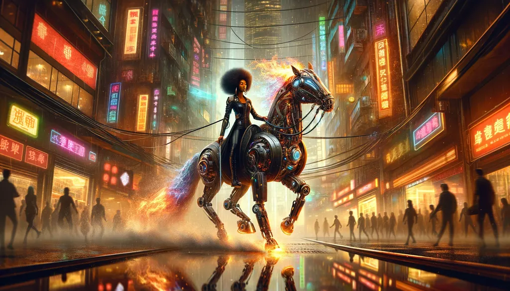 Prompt: Create a highly detailed, professional-quality digital painting of an attractive African American female equestrian riding a cybernetic robot horse down a bustling city street. The scene is full body character concept art with a rich, dynamic background. The city is a futuristic 'machine city' with complex structures and neon lights reflecting off wet surfaces, suggesting a cyberpunk theme. The atmosphere is charged with static electricity, and the air is filled with falling cinders and ash, evoking a feeling of a dystopian world. The woman has a strong, confident pose, and the horse is depicted with intricate mechanical details, glowing elements, and exudes a sense of power. The art should convey a sense of movement and energy, with the flames from the horse's mane and tail appearing realistic and intense. Capture the mood of an epic dark fantasy with attention to the play of light and shadow, the reflective wet ground, and the overall composition should be balanced and impactful.