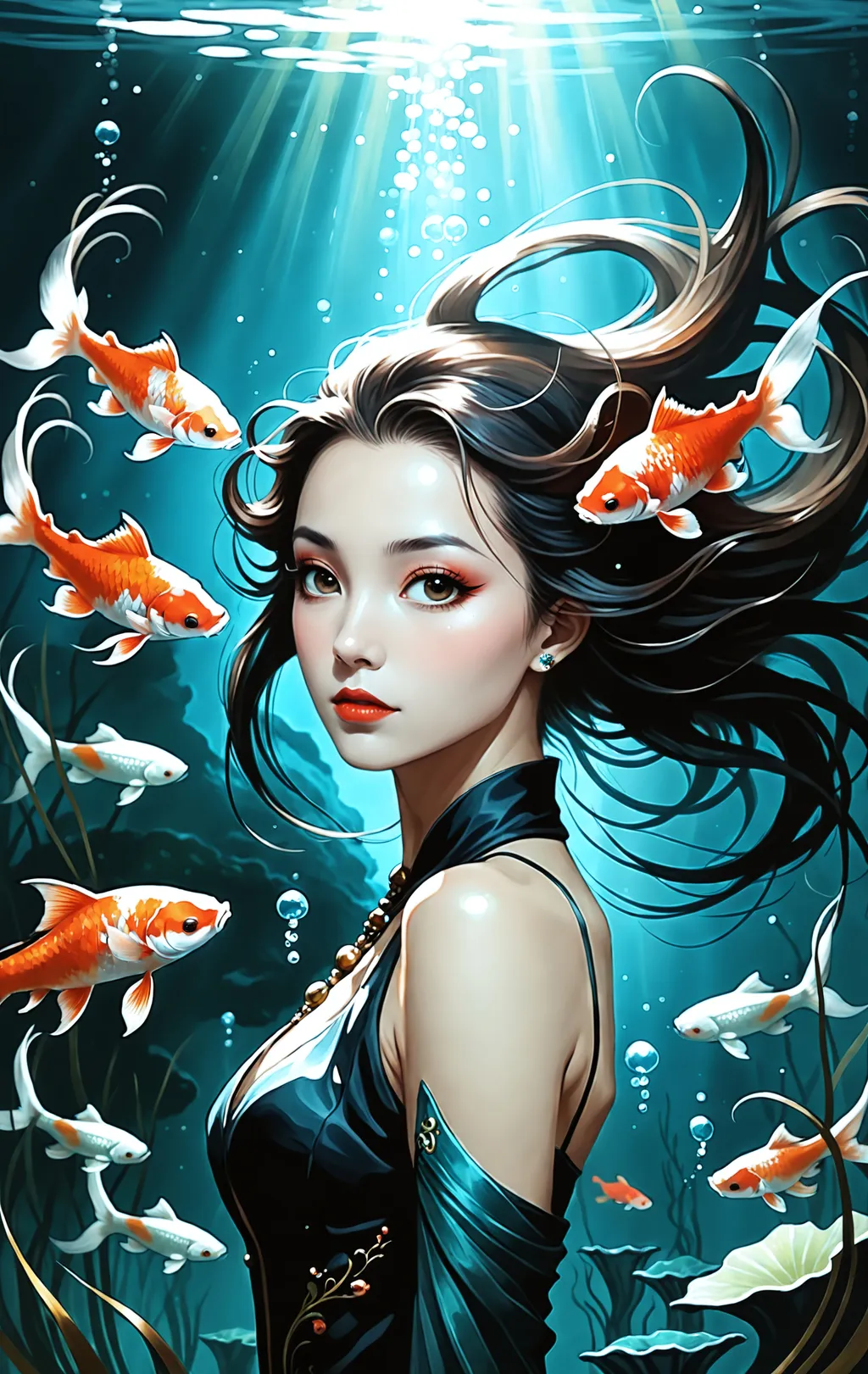 Prompt: breathtaking otherworldly dark fantasy portrait of a woman, ((by Anne Bachelier)), ((by Alexander Jansson)), ((by Tony DiTerlizzi)), Japanese, close up, underwater, koi fish, 4k wallpaper