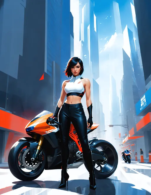 Prompt: (striking young woman motorcyclist full body character concept art), ((mirror's edge) Faith Connors), (standing next to her custom streetfighter motorcycle), in a sleek sterile futuristic city, The City of Glass, ((wearing crop top with pants and stiletto high heeled)) (sneakers:1.05), standing next to mechanical motorcycle.