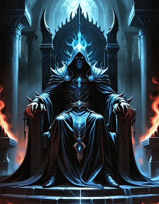Prompt: Eldritch, horror, Beautiful macabre, Chthonic, Lich Necromancer, Pandemonium, full body, sitting in an ominous throne, Stygian, Phantasmagoric, Sepulchral, Cimmerian, wearing opulent robe, ((breathtaking fine art)), ((striking)), ((realistic character)), ((stylized digital painting)), ((fantasy)), ((invokes an emotional response)), ((realistic artwork)), ((riveting)), ((captivating)), occult, hellfire, brimstone, otherworldly, ancient architecture.