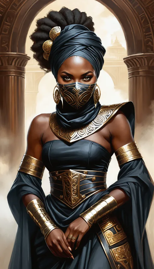 Prompt: ((breathtaking)) realistic (Victorian steampunk Ninja) ((big thick natural African American woman)) ((fantasy character painting)), ((Black historical Romance character concept art)), afropunk, wearing a cloth hair wrap, ((round figure)), Diva, wearing Victorian ball gown, cloth head wrapped around her mouth, covering her mouth, dramatic scene, Burka, niqab, African warrior woman, badass, intricate African Asian armor cuirass.