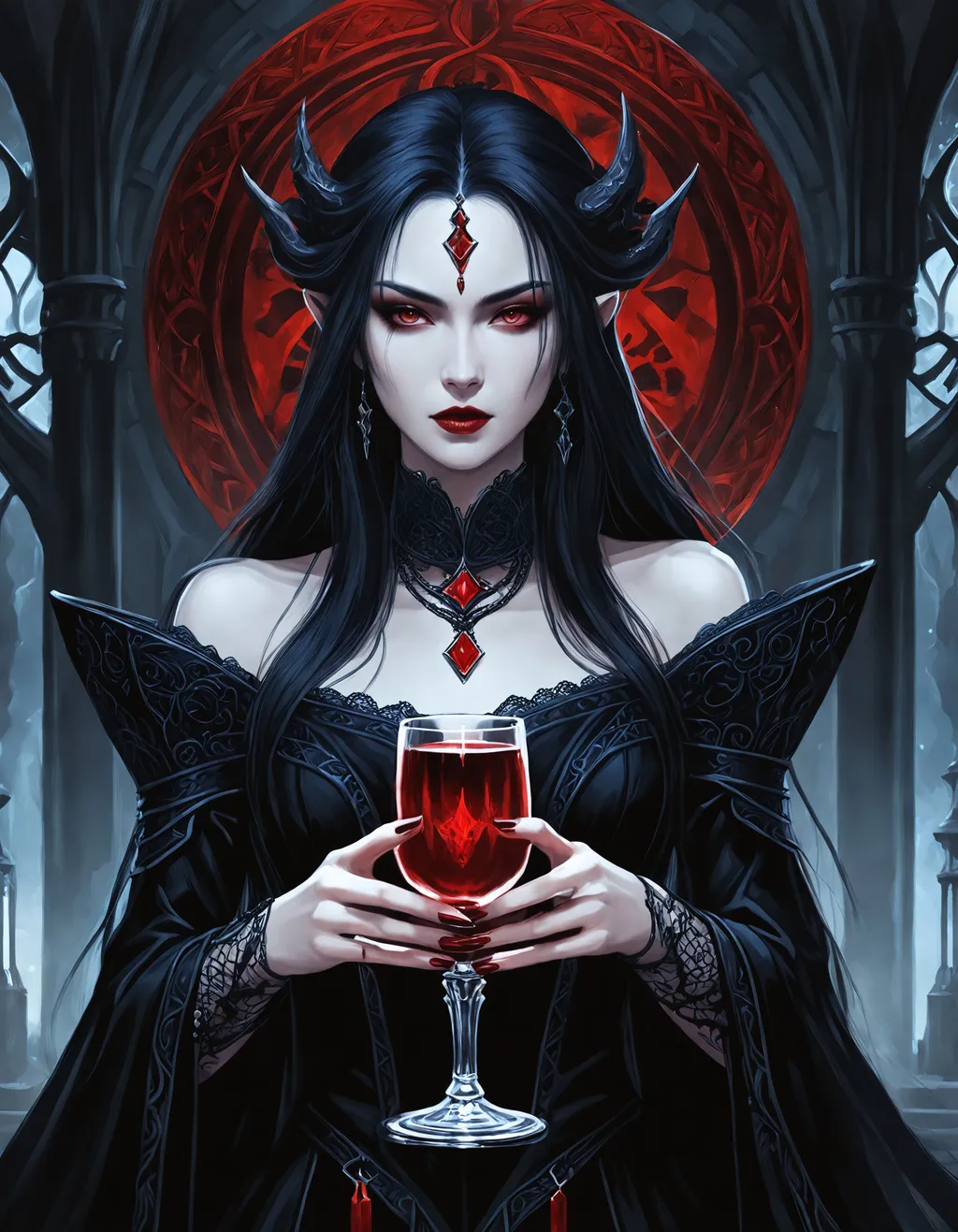 Prompt: Chthonic sorceress holding a goblet of blood, Stygian, Phantasmagoric, Sepulchral, Cimmerian, ((breathtaking)), ((striking)), ((realistic character)), ((stylized digital painting)), ((fantasy)), ((invokes an emotional response)), ((realistic artwork)), ((riveting)), ((captivating)), ((attractive)) (elegant), black velvet, lace accents, occult, female cult leader.