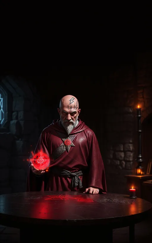 Prompt: (Breathtaking), (high quality), (hdr), (bokeh), (photorealism), (bald shaved head) grizzled ((red wizard)) with ((runes on his head)) ((Aznar Thrul)) Zulkir of Evocation from Forgotten Realms (full-body character concept art), sharp nose, stern look, wrinkled expression, weathered and rugged, wise mage by ((Bastien L. Deharme and Antonio J. Manzanedo)), dark, ((flowing red robes made of a heavy coarse fabric)), robes adorned with intricate arcane symbols in fiery red thread, leather belt, on his left hand a silver ring set with a blood-red stone. in a dimly lit, stone chamber, surrounded by shelves filled with ancient tomes and mysterious artifacts, flickering candles and a few magical lights, casting eerie shadows on the walls, In the center of the room a large, stone table covered in maps and diagrams, an open book with arcane writing, in the middle of casting a spell, his right hand raised, fingers curled into a complex gesture. Sparks of red magic swirl around his hand as he calls forth his dark powers.