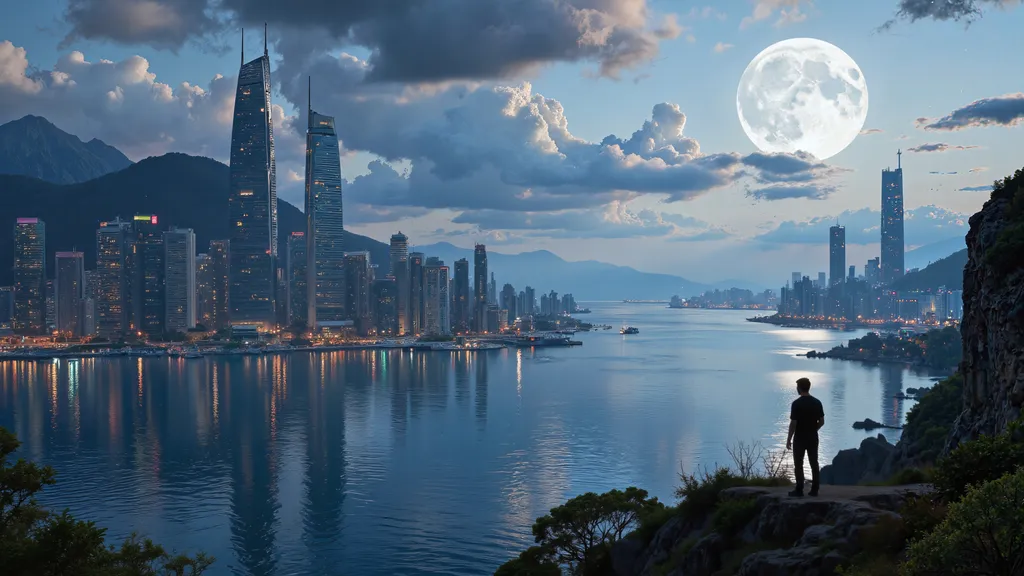 Prompt: desktop wallpaper, 4k wallpaper, 1080p wallpaper, cyberpunk cityscape, bay, ocean.