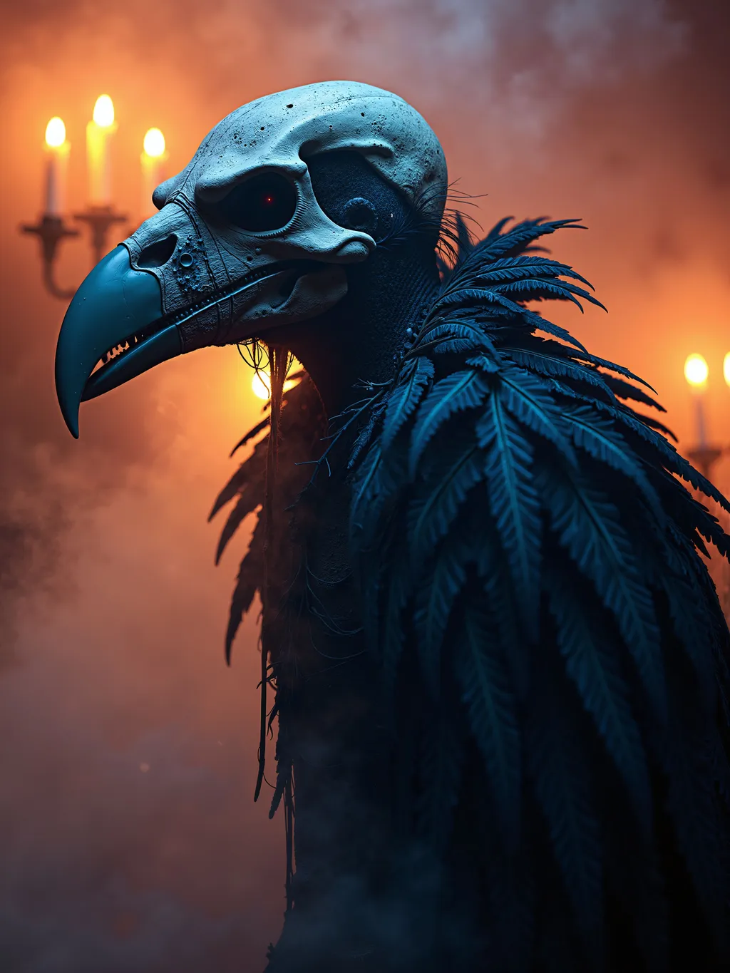 Prompt: breathtaking, cinematic photo, dramatic, striking Chthonic undead man wearing Vulture skull mask, Necromancer, masterpiece, dark foreboding fantasy portrait, realistic character, otherworldly digital painting, invokes an emotional response, captivating, riveting, glowing atmospheric hazy ambience, full body, Eldritch being, beautiful macabre, dramatic studio lighting, glowing in the haze, candles.