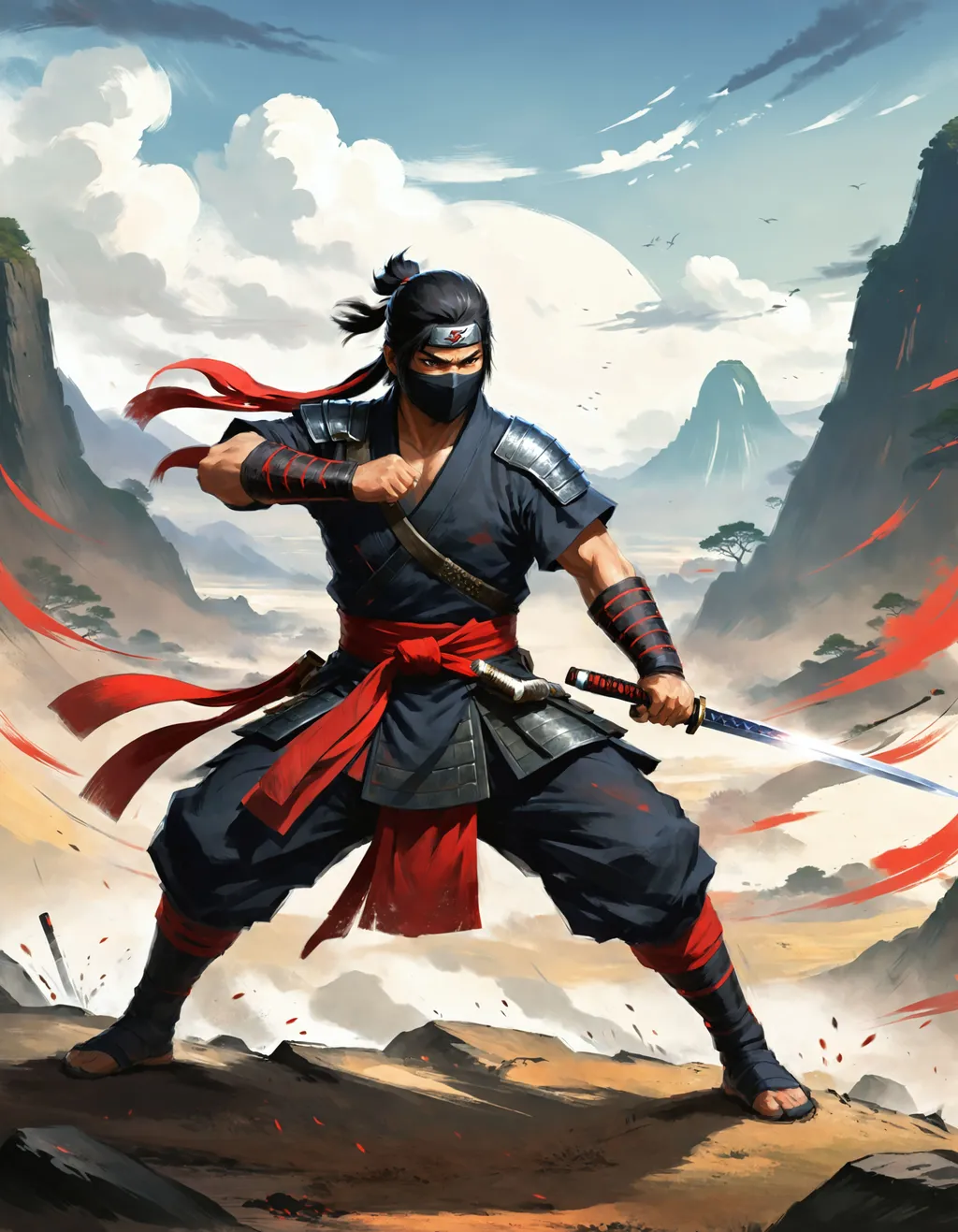 Prompt: dramatic action pose, dynamic ninja stance, Katana sword in hand ready for battle, Anime character concept art, on a baron wasteland, wearing gi and red sash.