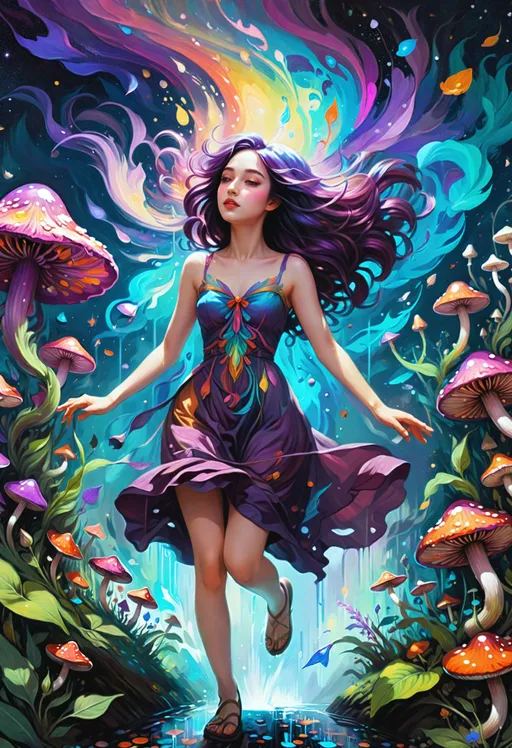 Prompt: ((semi-realistic maximalist highly detailed otherworldly sensual euphoric psychedelic young woman tripping on Salvia and Magic psychedelic Mushrooms Impressionistic Cel-Shaded character full body close up character concept art digital painting Romanticism oil painting)), striking vibrant purple hair, (delicate dress falling off her slender figure), (walking on a rainbow in outer space), inky dark blacks, detailed charcoal shading, colorful Impasto details, raining colorful paint, shooting stars.