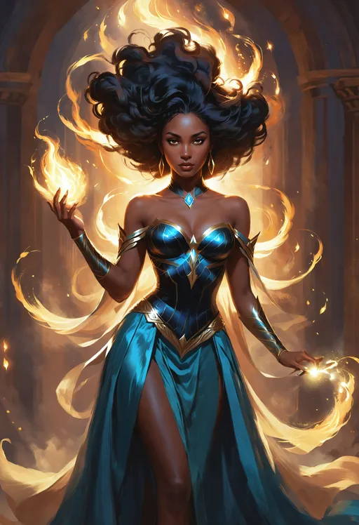 Prompt: ((character concept art digital painting)) of extremely attractive fierce black goddess harnessing her power, striking historical romance character, wearing a glowing magic gown, dreamy, fantastical, splendid, wonderful, nice hands.
