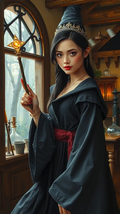 Prompt: dark fantasy oil painting, painted portrait of striking actress, distinct looks, unique, holding a powerful magic wand, glowing with energy, sorceress apprentice in a mage tower with an elevated forest view out the window, mischievous smile, enchanting, magical robes, mage workshop, hard wood floors, alchemy glass apparatus, magic experiments, dramatic goth aesthetic.