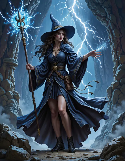 Prompt: breathtaking, dark fantasy, masterpiece, oil painting, 4k wallpaper, Dungeons & Dragons character, female Mage, Mystra, goddess of magic, magic robe, holding a staff of power, casting a powerful spell, static electricity.
