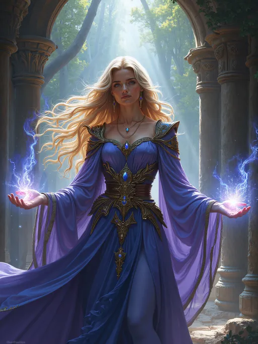 Prompt: breathtaking realistic fantasy Enchantress character artwork, dark fantasy painting, Dungeons & Dragons characters, 4k wallpaper, hands outstretched, enchanter casting a light spell, mage's magic robes.