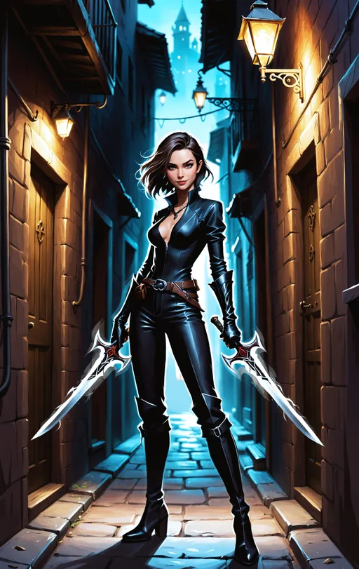 Prompt: (breathtaking:1.4), (realistic character concept art), full body, standing, holding a gnarly dagger, in a dark alley, fantasy poster art, fun, mischievous, female rogue, genuine smile, street smart, strong positive eye contact, revealing black bodysuit