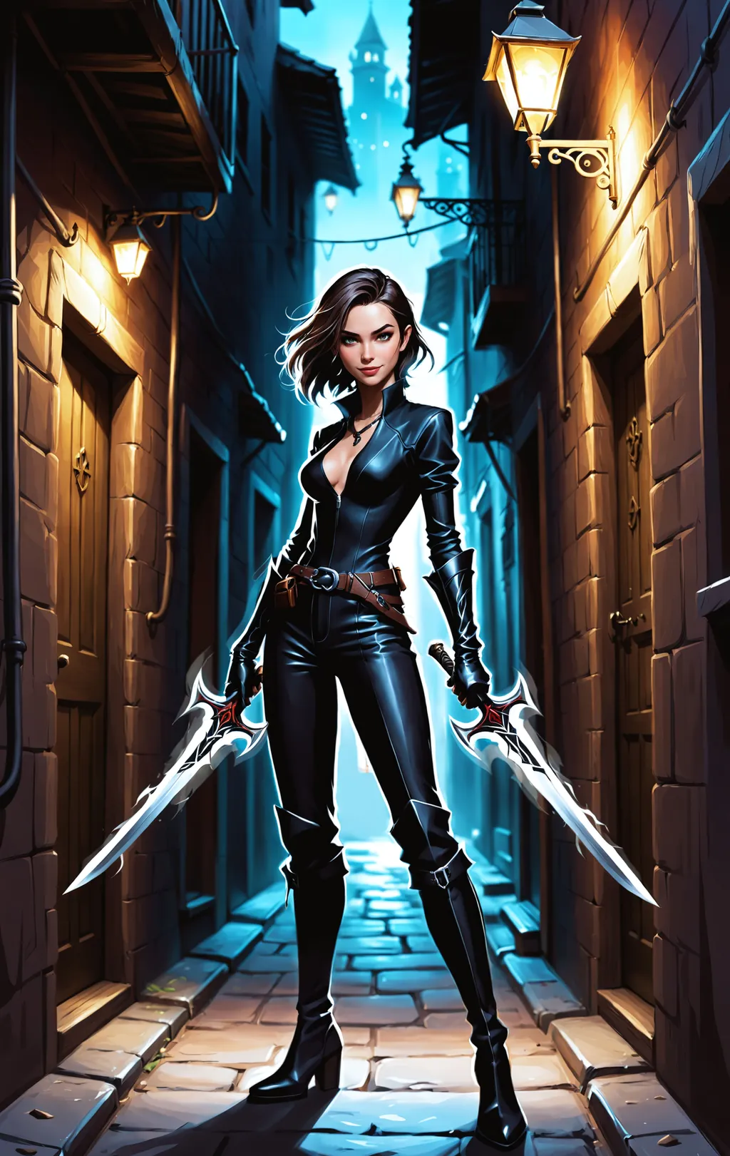 Prompt: (breathtaking:1.4), (realistic character concept art), full body, standing, holding a gnarly dagger, in a dark alley, fantasy poster art, fun, mischievous, female rogue, genuine smile, street smart, strong positive eye contact, revealing black bodysuit