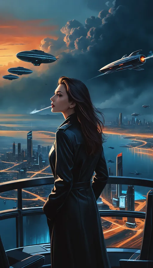 Prompt: ((realistic sci-fi Dark Fantasy Noir portrait)), ((breathtaking painted surreal fantasy)), ((hyper realistic painting)), good looks, natural, genuine, time traveler, woman smoking a cigarette, otherworldly hellscape, ethereal plane, epic cityscape, standing on a helipad, looking off into the distance, pondering, deep contemplation, flying cars, sunset, ocean view, airship, flying cars.