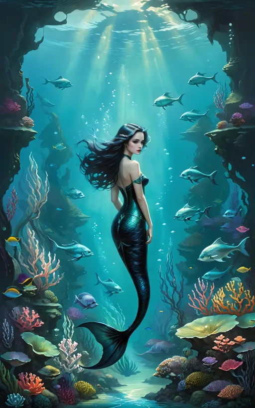 Prompt: breathtaking painting of elegant emo mermaid with (long flowy fin), full body goth portrait by Tom Bagshaw, by Aleksi Briclot, by Guillermo del Toro, by Antonio J. Manzanedo, by Peter Mohrbacher, by John Atkinson Grimshaw, high quality, highly detailed, Striking, Stunning, breathtaking underwater masterpiece, school of fish, deep dark ocean floor, deep sea floor, colorful plants.
