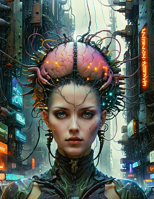 Prompt: strikingly attractive ((shaved head)) surreal ((distorted faded 1980's artwork)) female close up with a plugs in her head in the shape of a Mohawk on a cyberpunk street corner, breathtaking masterpiece, feminine interdimensional eldritch being in machine city with many wires coming from her head, by Zdzislaw Beksinski, by Wayne Barlowe, by Dariusz Zawadzki, by Aleksi Briclot, by Antonio J. Manzanedo, by Peter Mohrbacher, by Jeremy Mann, (static electricity), (cyberpunk), (steampunk), (dieselpunk), ((colorful screens)), ((Neuromancer)), giant super brain super computer human brain interface, ((plugs plugged into to her head)), wires sending information directly to the brain.