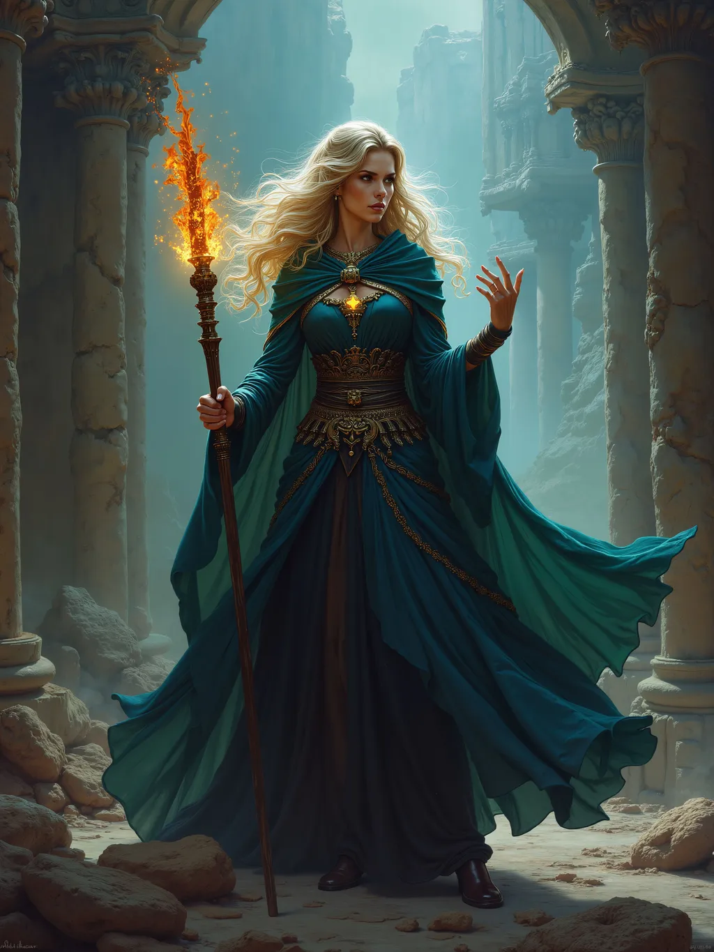 Prompt: breathtaking, dark fantasy, masterpiece, oil painting, 4k wallpaper, Dungeons and Dragons character, female Mage, holding a glowing staff of power, flow mage robe, casting a powerful spell, ancient ruins, determined look on her face, Mystra, goddess of magic.