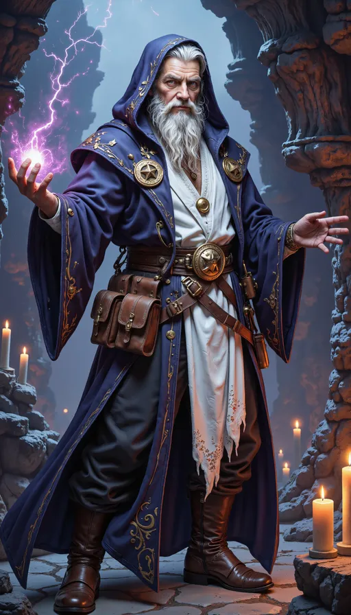 Prompt: breathtaking, vivid, desktop wallpaper, 4k wallpaper, 1440p wallpaper, 1080p wallpaper, magical, magic, fantasy, dark fantasy, old grizzled mage sorcerer, deep set wrinkles and a stern expression, a sharp nose, bushy eyebrows, and a neatly trimmed salt and pepper beard, long white or silver hair in a dimly lit underground cavern, surrounded by glowing crystals and flickering candles, the air thick with smoke from incense, crackling of energy, casting a spell with his hands gesturing dramatically as bolts of energy shoot from his fingertips, the background a dramatic swirl of colors and shapes, long hooded robe in a rich shade of navy or deep purple, adorned with intricate gold embroidery, mystical symbols, Underneath a white tunic and black pants with brown leather boots, several pouches on his belt.