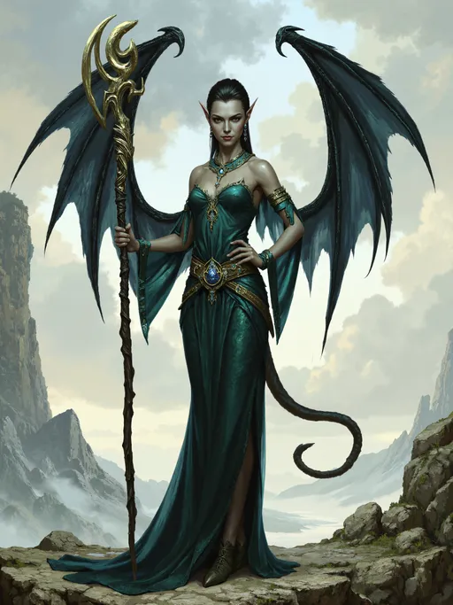Prompt: mystical enchantress holding a staff of power, feisty young Tiefling woman, ectomorph physique, standing, full body, detailed face, moody lighting, 4k wallpaper.