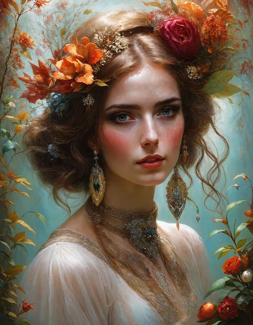 Prompt: Breathtaking close up fantasy portrait, Beautiful young woman, captivating, riveting, realistic character art, ((by Alexander Averin)), ((by Tom Bagshaw)), ((by John Anster Fitzgerald)), ((by Josephine Wall)), ((by Zdzislaw Beksinski)), ((by John Atkinson Grimshaw)).