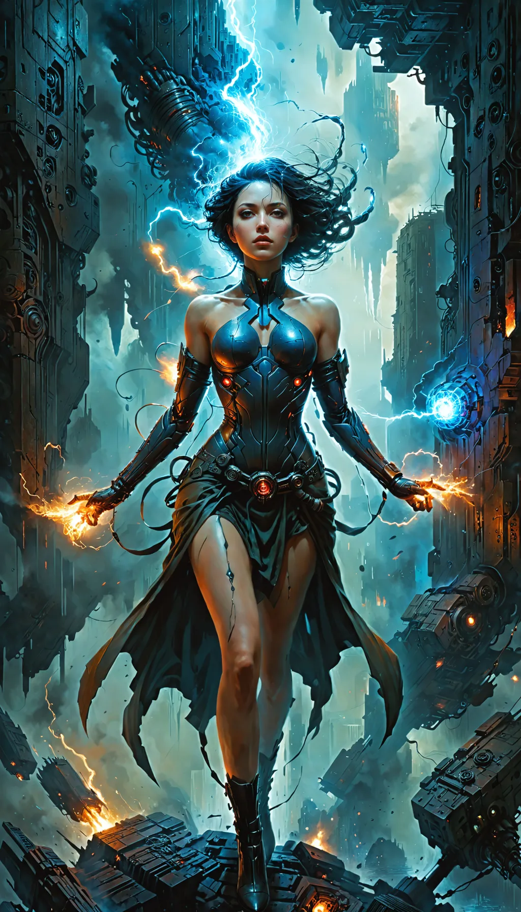 Prompt: Beautiful female, breathtaking masterpiece, by Zdzislaw Beksinski, by Wayne Barlowe, by Dariusz Zawadzki, by Aleksi Briclot, by Antonio J. Manzanedo, by Peter Mohrbacher, by Jeremy Mann, falling cinders and ash, hellfire, static electricity, cyberpunk, steampunk, dieselpunk.