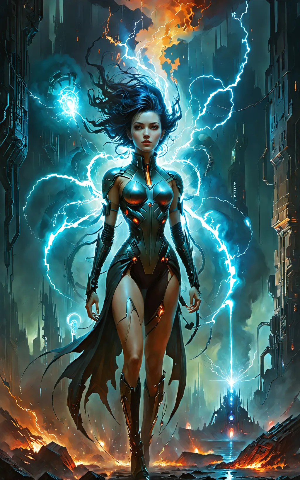 Prompt: Beautiful female, breathtaking masterpiece, interdimensional eldritch being, by Zdzislaw Beksinski, by Wayne Barlowe, by Dariusz Zawadzki, by Aleksi Briclot, by Antonio J. Manzanedo, by Peter Mohrbacher, by Jeremy Mann, falling cinders and ash, hellfire, static electricity, cyberpunk, steampunk, dieselpunk.