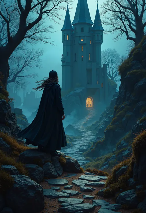 Prompt: breathtaking dark fantasy painting of an eccentric sorceress in a dark secluded tower.