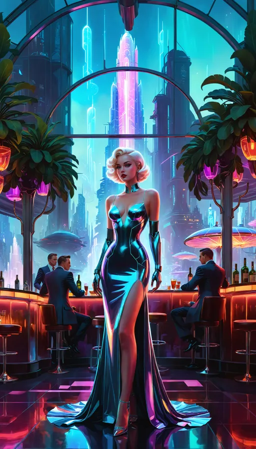 Prompt: ((beautiful dark gritty Noir robosexual android in vivid dreamlike retro futuristic city full body close up professional illustration artwork portrait character concept art 4k UHD fantasy Wallpaper in a fantasy glass greenhouse speakeasy lounge with hologram neon trees atop a skyscraper standing on the rooftop bar overlooking the city below)) ((wearing striking iridescent chrome hologram gown maxi dress)) ((by Alayna Lemmer and Vladimir Volegov and Art Frahm and Gil Elvgren)), Rembrandt lighting, natural beauty, concept city, utopia, space age technology, epic long view distance, towering buildings.