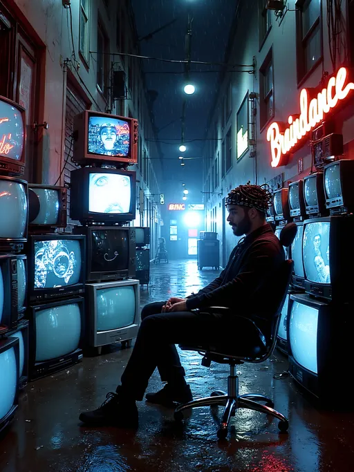 Prompt: breathtaking dark moody cinematic cyberpunk image of a man sitting in a chair wearing brainwave harness cap with electrodes to his brain, brain jacked in, big stack of old TVs in an alley, open door with neon sign that says "Braindance", strange faces and retro neon Analog glitch artifacts images on the screens, rainy cyberpunk alley, high-definition Japanese 1035i Analog HiVision Laser Disc.