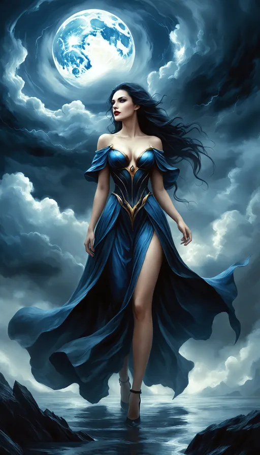 Prompt: fantasy portrait, full body character concept art, beautiful romanticism painting, breathtaking, evocative, dark magic, celestial, luscious lips, on the surface of the planet Venus, Miasma storm, thick acidic clouds.